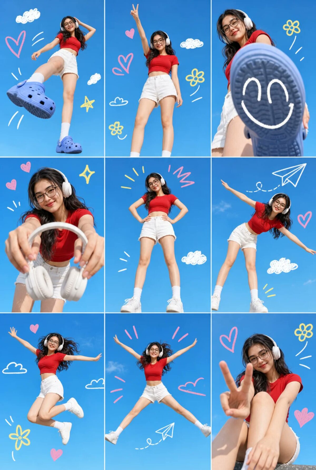 Nanobanana Pro 生成 亚洲少女蓝天涂鸦九宫格摄影 - AI绘画提示词