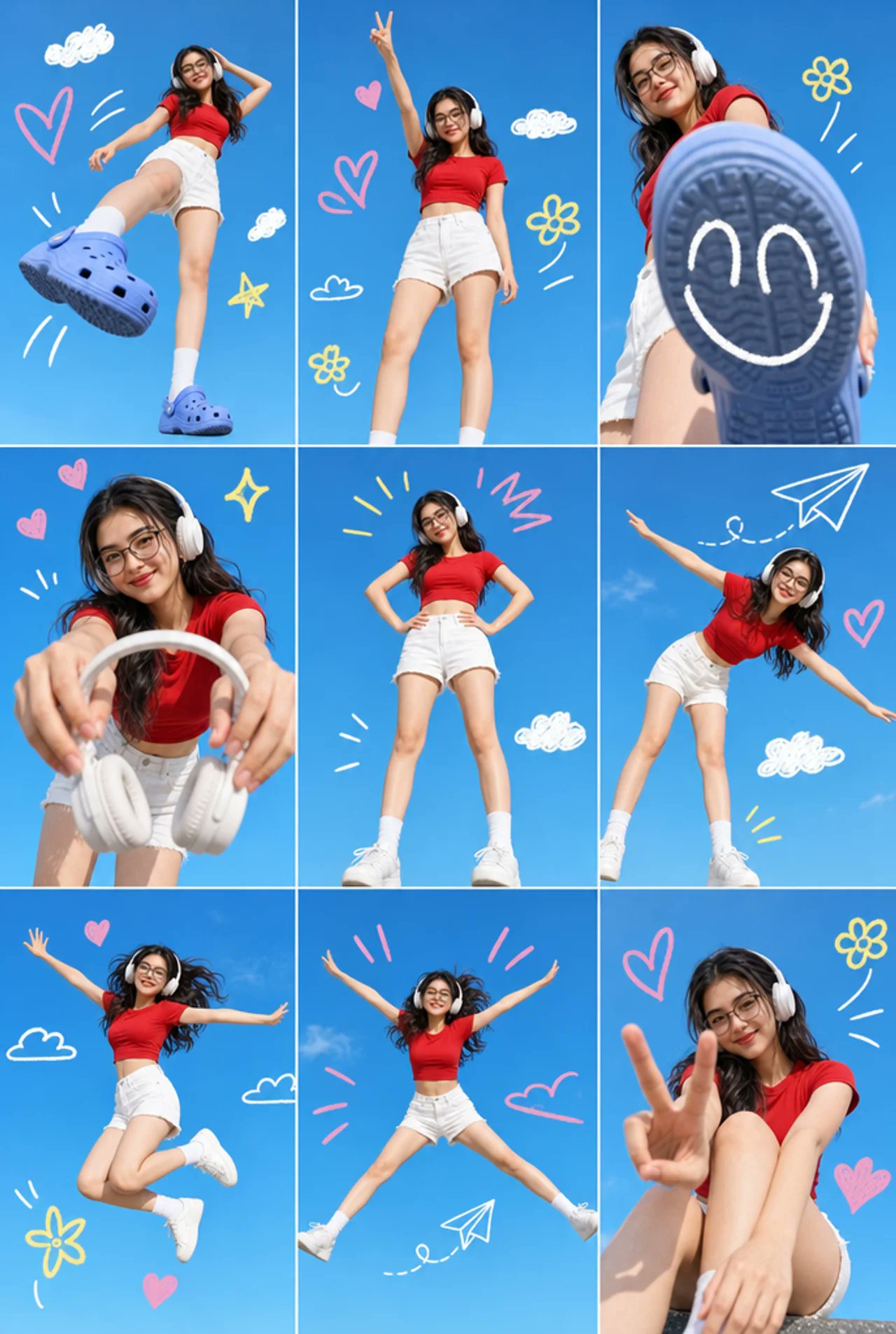 Nanobanana Pro 生成 亚洲少女蓝天涂鸦九宫格摄影 - AI绘画提示词