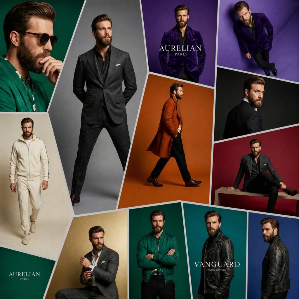 Hollywood Male Model Fashion Art Panels | 好莱坞男模时尚艺术画报板块 6 Nanobanana Pro 生成 好莱坞男模时尚艺术画报板块 - AI绘画提示词