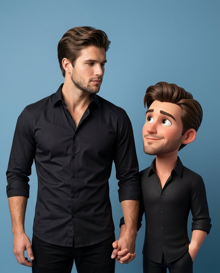 Realistic Person 3D Caricature Companion | 真实人物与3D夸张同伴互动视觉 2 Nanobanana Pro 生成 真实人物与3D夸张同伴互动视觉 - AI绘画提示词