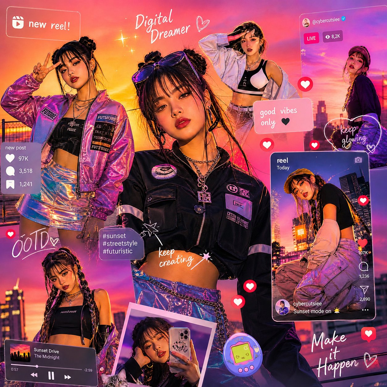Futuristic Gen Z Korean Fashion Collage | 未来感Z世代韩系时尚拼贴海报 2 Nanobanana Pro 生成 未来感Z世代韩系时尚拼贴海报 - AI绘画提示词