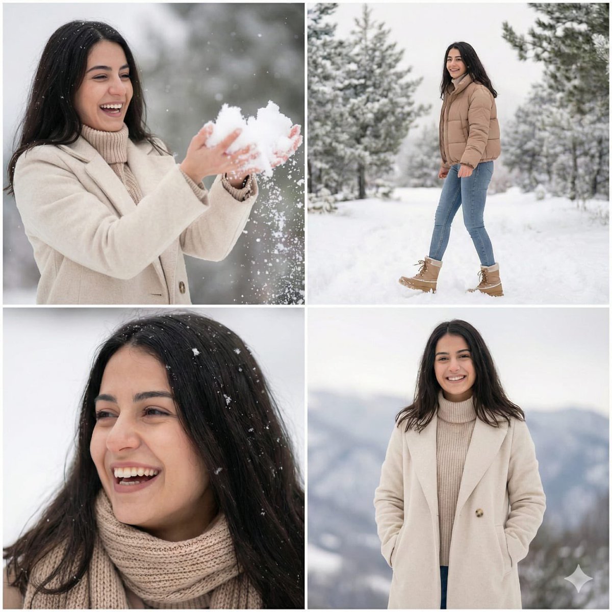 Playful Turkish Beauty Snowy Winter Collage | 雪景中俏皮灵动的土耳其美女冬日四宫格 2 Nanobanana Pro 生成 雪景中俏皮灵动的土耳其美女冬日四宫格 - AI绘画提示词