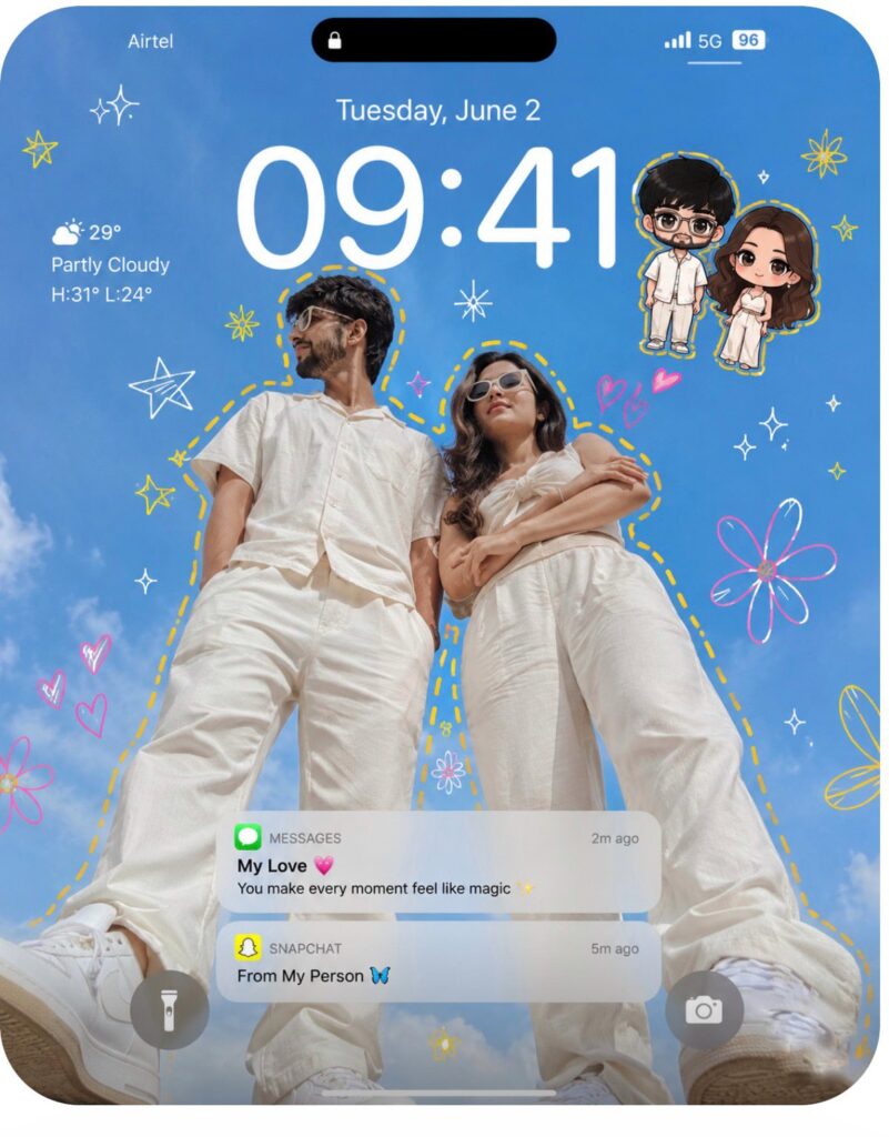 Ultra Realistic Iphone Couple Doodle Wallpaper | 超现实苹果风情侣涂鸦手机锁屏壁纸 6 Nanobanana Pro 生成 超现实苹果风情侣涂鸦手机锁屏壁纸 - AI绘画提示词
