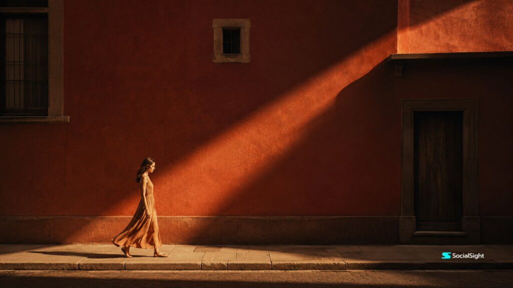 Cinematic Urban Golden Hour Woman Red Wall | 黄金时段红墙边的孤独行者 5 Nanobanana Pro 生成 黄金时段红墙边的孤独行者 - AI绘画提示词