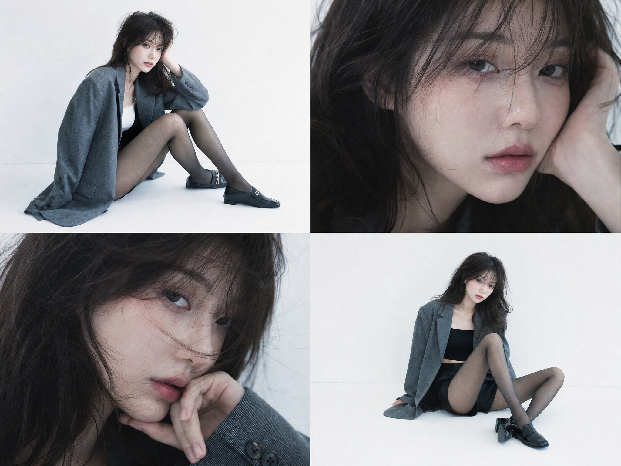 Korean Fashion Magazine Four Panel Editorial Grid | 韩系时尚杂志四宫格人像摄影 2 Nanobanana Pro 生成 韩系时尚杂志四宫格人像摄影 - AI绘画提示词