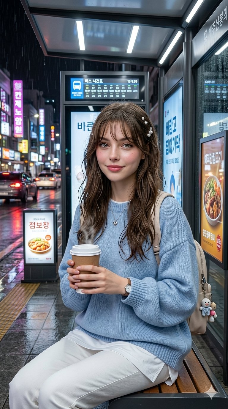 Nanobanana Pro 生成 韩国雨夜都市公交站等候的优雅女性 - AI绘画提示词