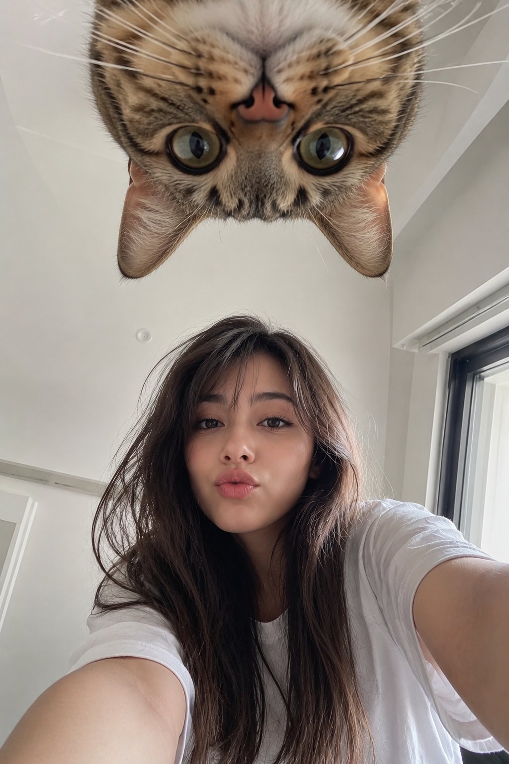 Nanobanana Pro 生成 日本少女与倒挂猫咪低角度手机自拍 - AI绘画提示词