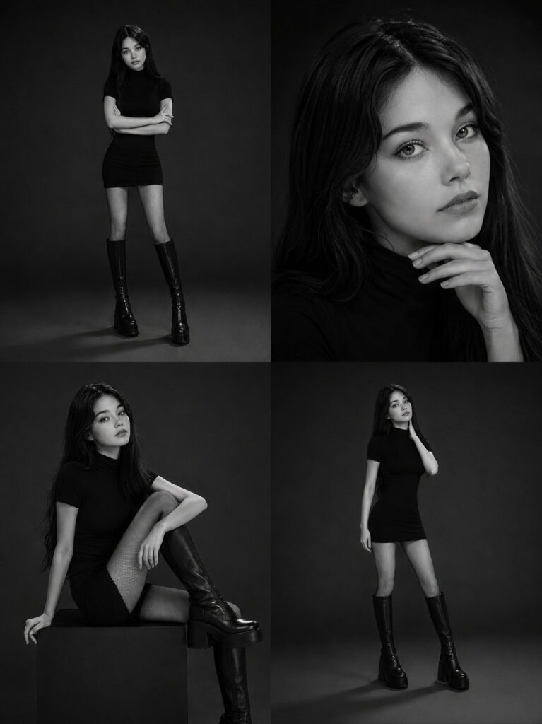Luxury Monochrome Editorial Collage Korean Model | 2x2奢华黑白时尚拼贴人像 4 Nanobanana Pro 生成 2x2奢华黑白时尚拼贴人像 - AI绘画提示词
