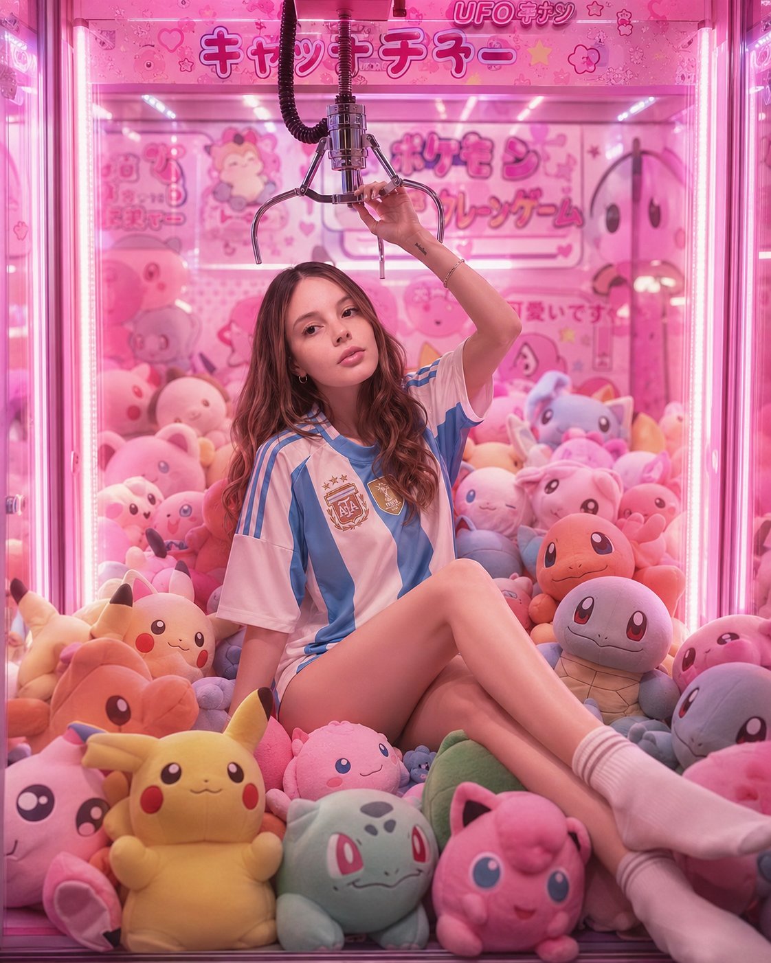 Nanobanana Pro 生成 日系可爱风女子与宝可梦娃娃机写真 - AI绘画提示词
