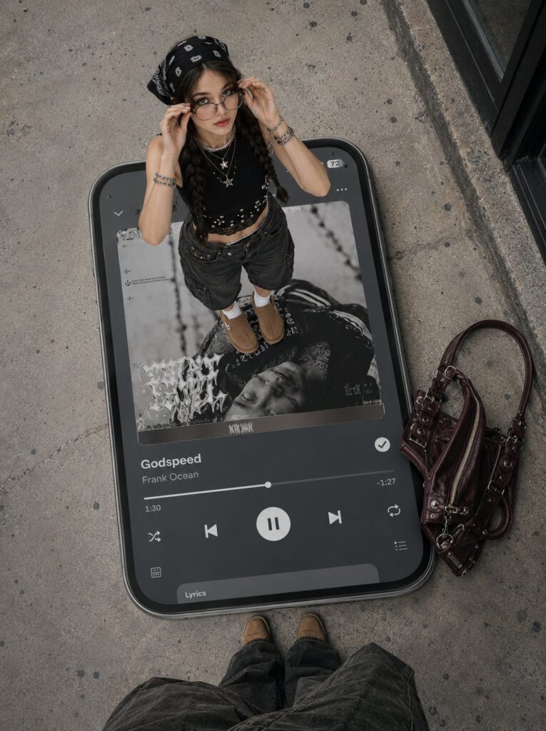 Surreal Giant Smartphone Music Player Street Fashion | 街头时尚超现实巨型手机音乐播放器 6 Nanobanana Pro 生成 街头时尚超现实巨型手机音乐播放器 - AI绘画提示词