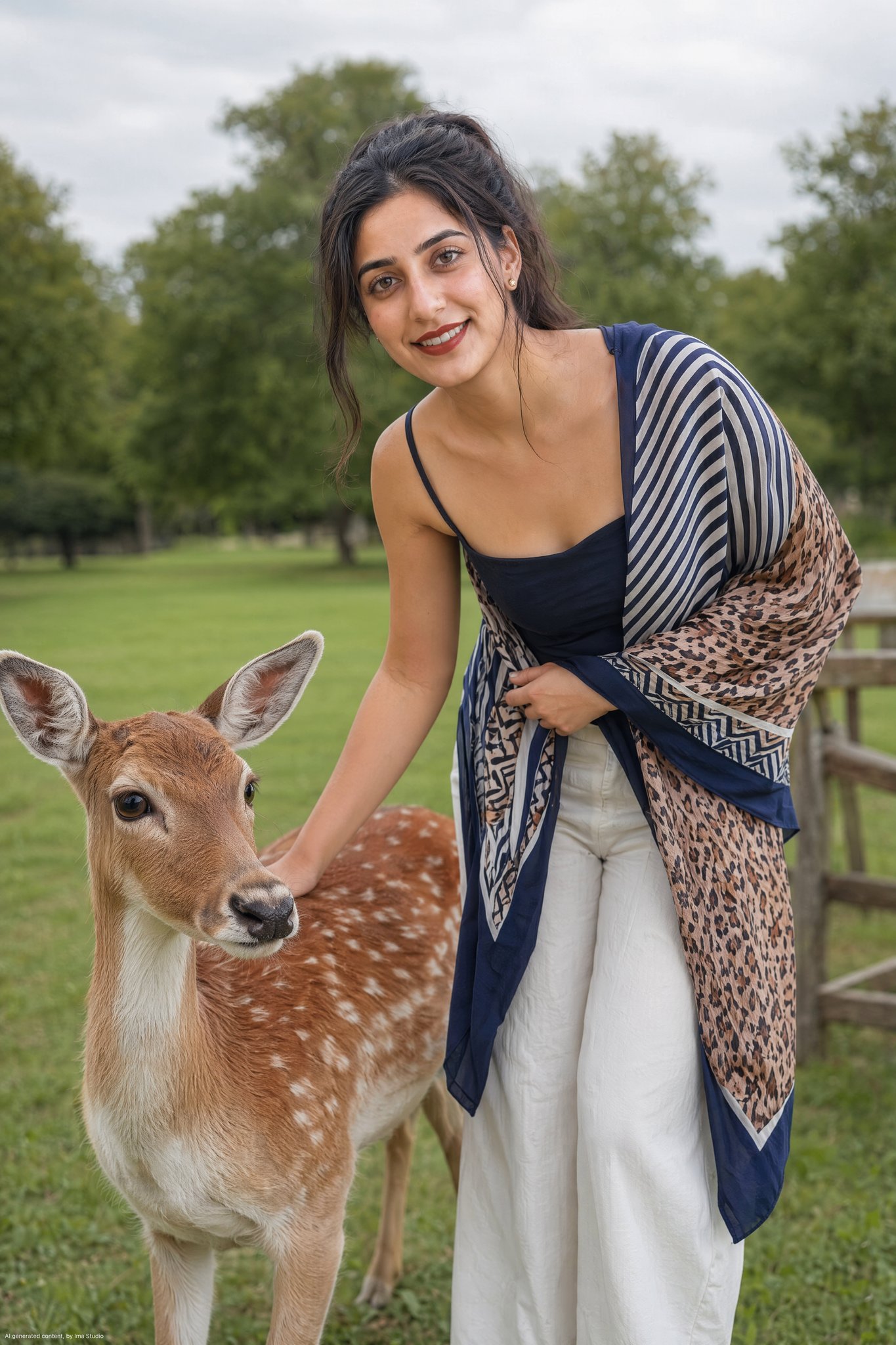 Woman Petting Fallow Deer Outdoor Portrait | 户外公园女子抚摸幼鹿写实人像 2 Nanobanana Pro 生成 户外公园女子抚摸幼鹿写实人像 - AI绘画提示词