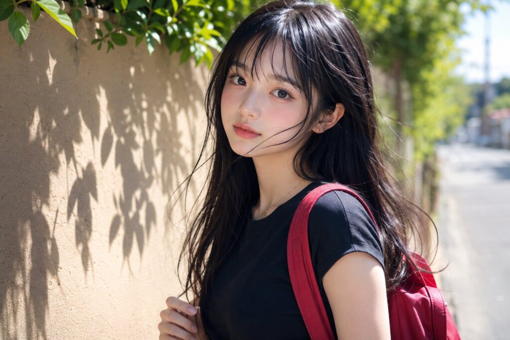 Beautiful Japanese Girl Red Backpack Street Photography | 阳光下背红色背包的日系清纯少女 3 Nanobanana Pro 生成 阳光下背红色背包的日系清纯少女 - AI绘画提示词