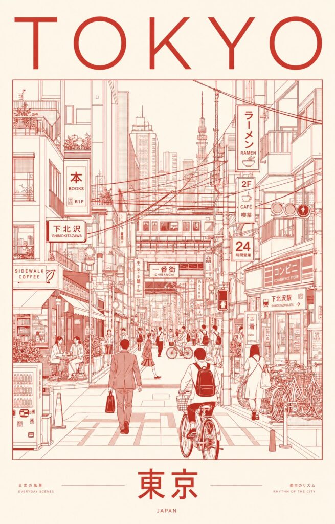 Nanobanana Pro 生成 极简主义东京日常街景线稿海报 - AI绘画提示词