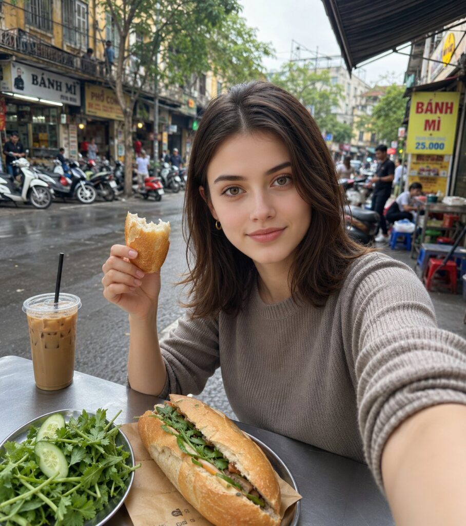 Nanobanana Pro 生成 越南街头吃法棍的东亚美女写实自拍 - AI绘画提示词