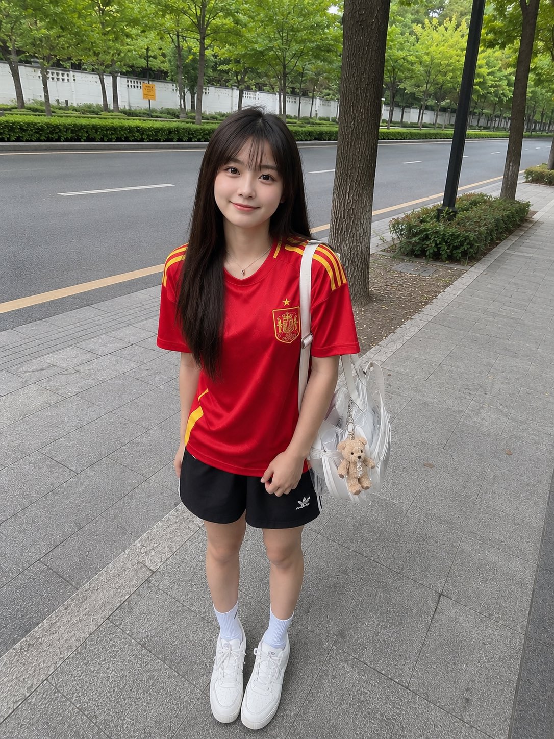 Nanobanana Pro 生成 穿西班牙国家队球衣的日本少女路边随拍 - AI绘画提示词