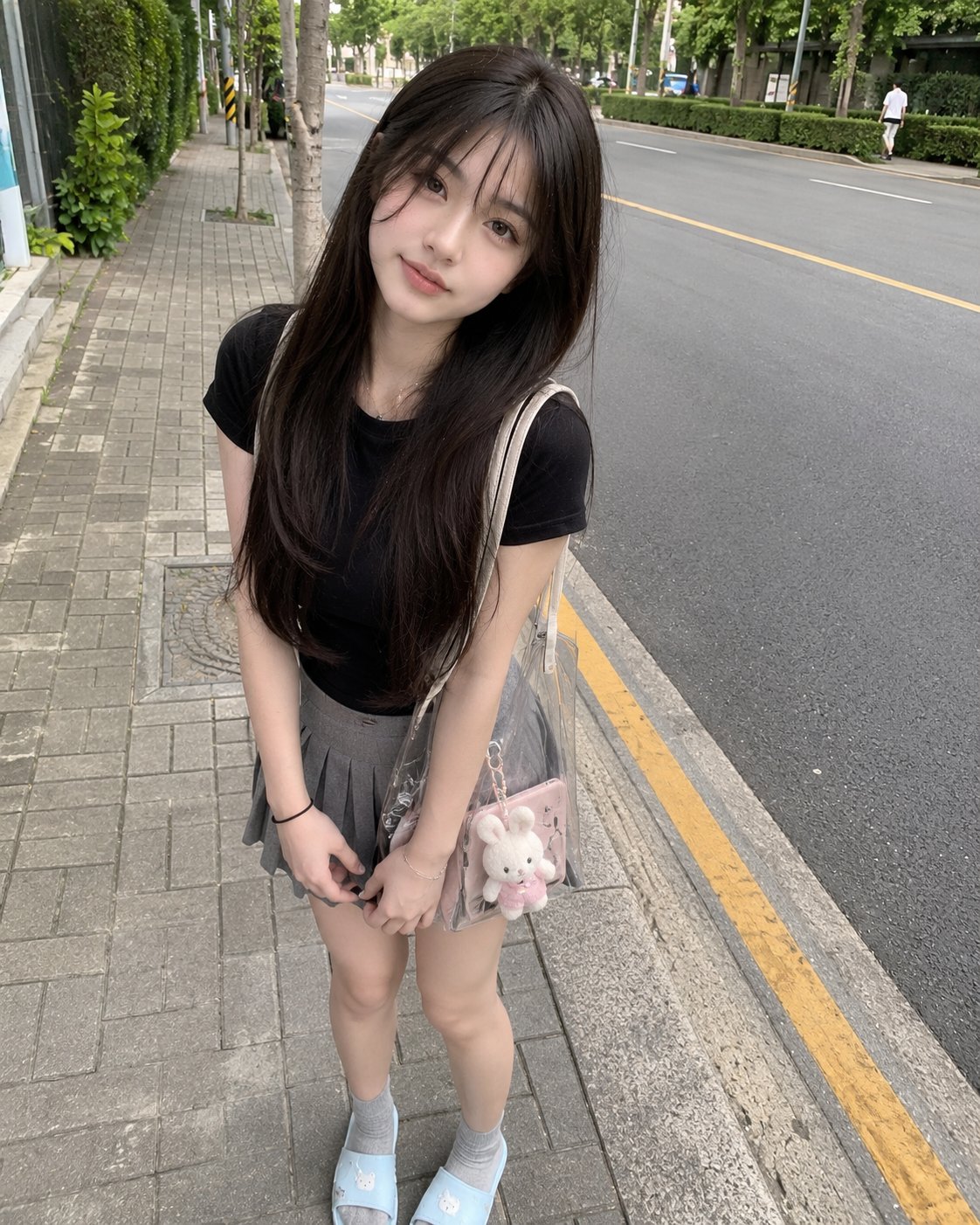 Nanobanana Pro 生成 街道旁穿黑色T恤的日本少女生活快照 - AI绘画提示词