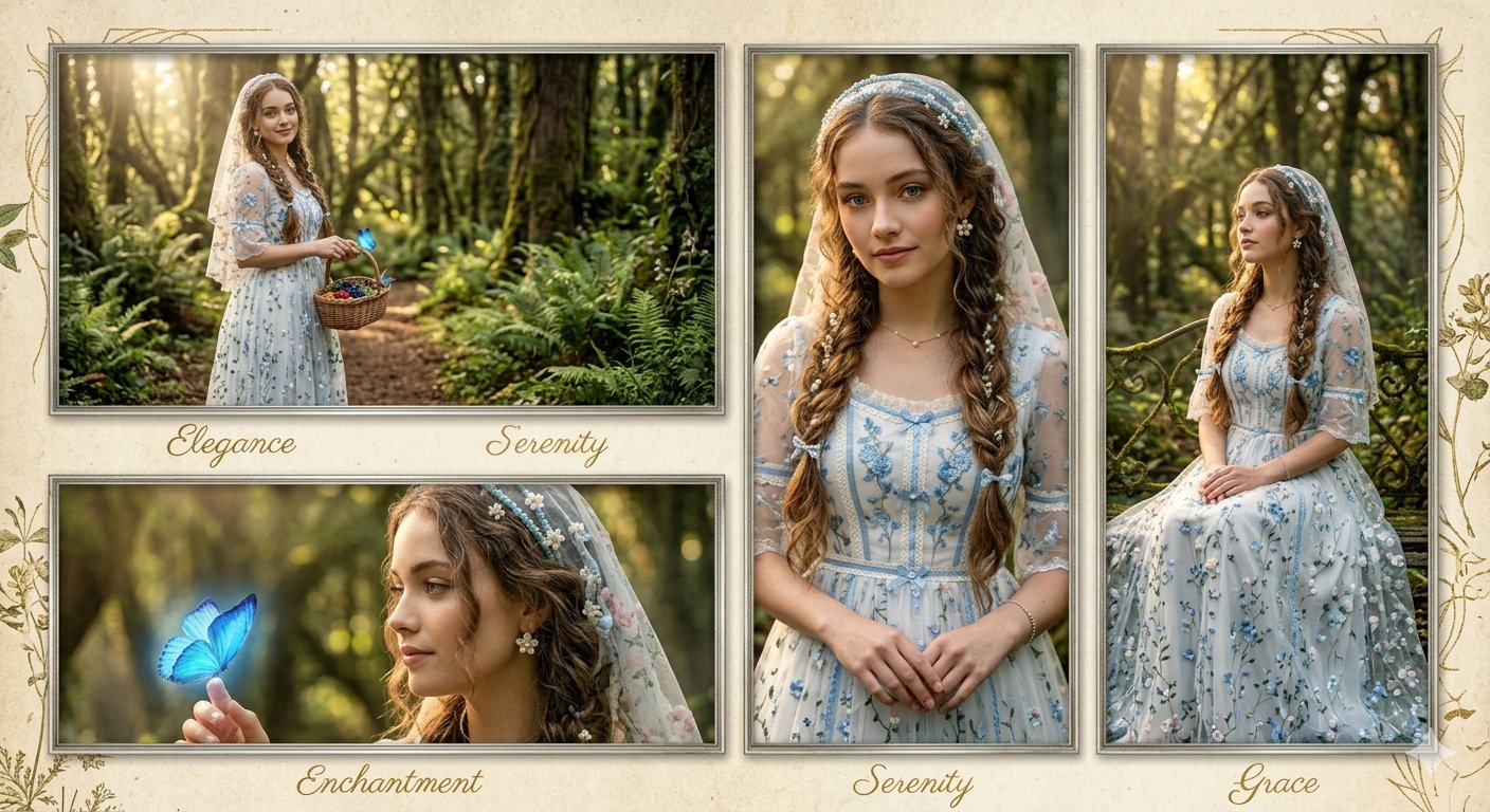 Cottagecore Woman Enchanted Forest Cinematic | 梦幻森林系编发长发少女 2 Nanobanana Pro 生成 梦幻森林系编发长发少女 - AI绘画提示词