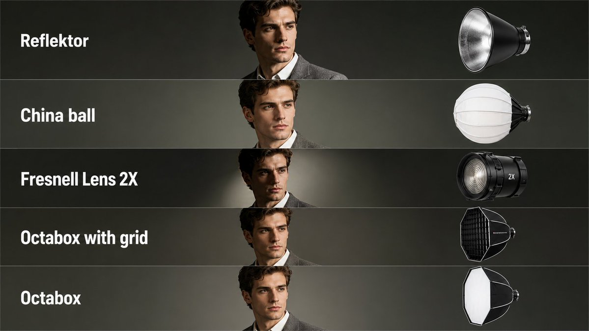 Cinematic Lighting Modifier Comparison Chart | 电影级摄影灯光附件对比信息图 2 Nanobanana Pro 生成 电影级摄影灯光附件对比信息图 - AI绘画提示词