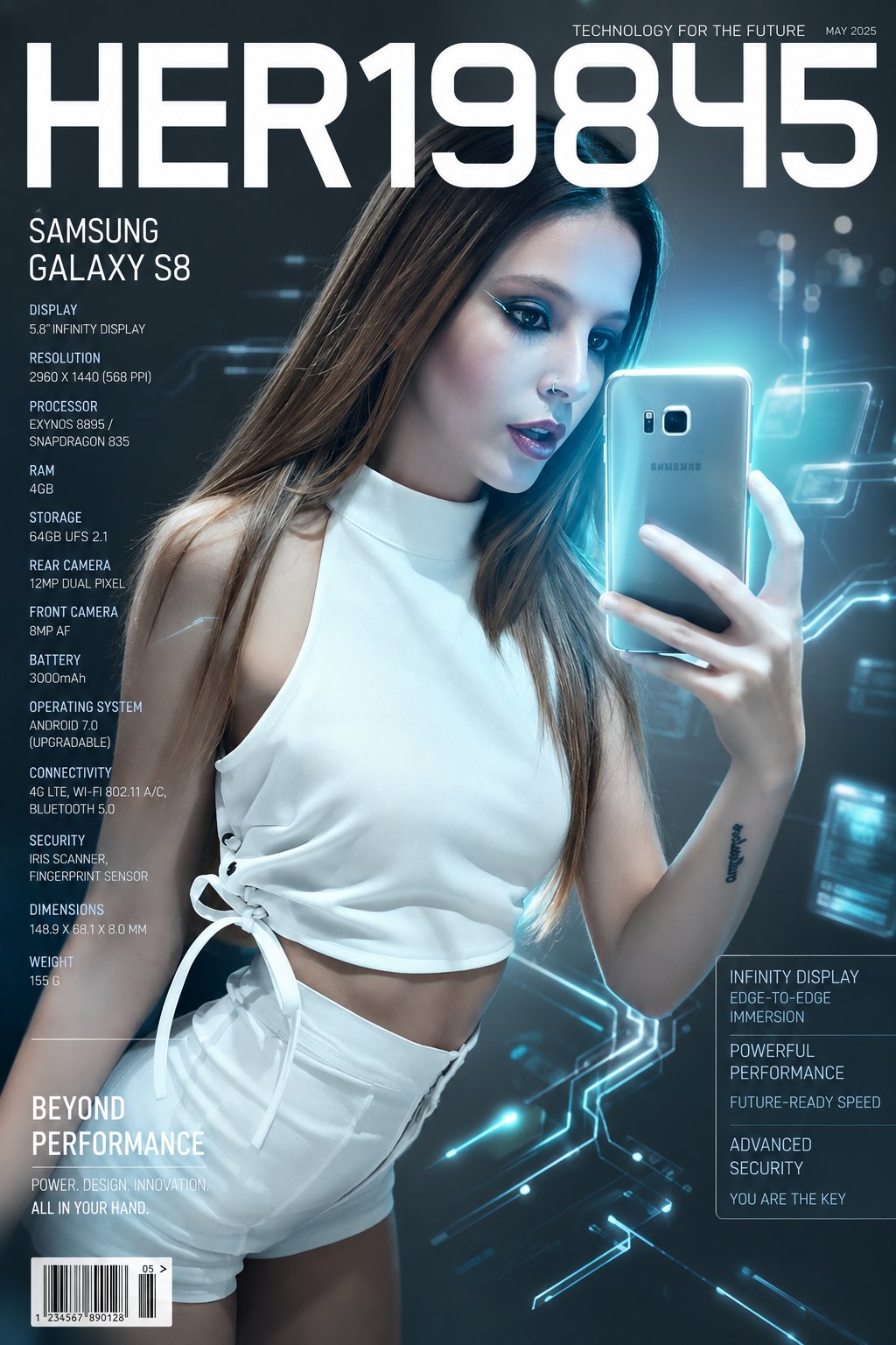Nanobanana Pro 生成 超写实科技杂志封面青色光效人像 - AI绘画提示词