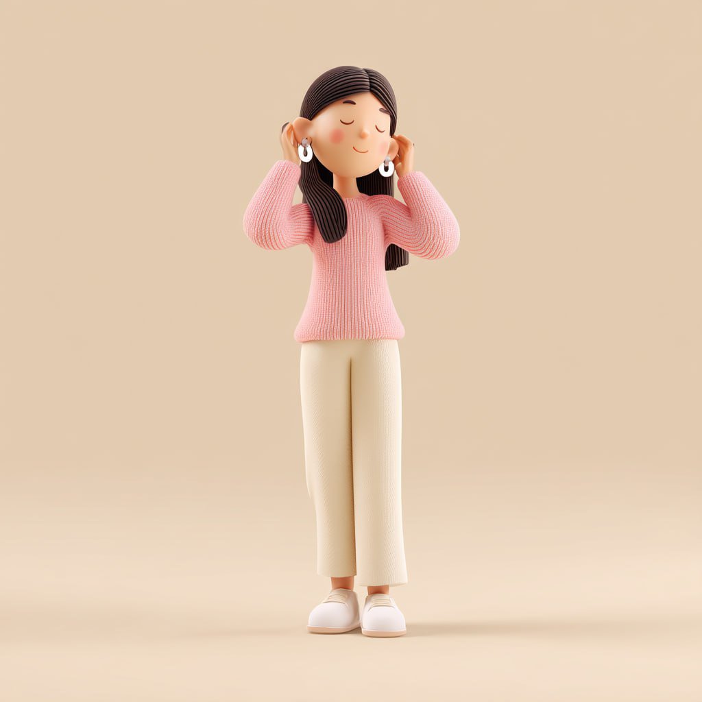 Nanobanana Pro 生成 简约3D可爱女性欣赏耳环插画 - AI绘画提示词