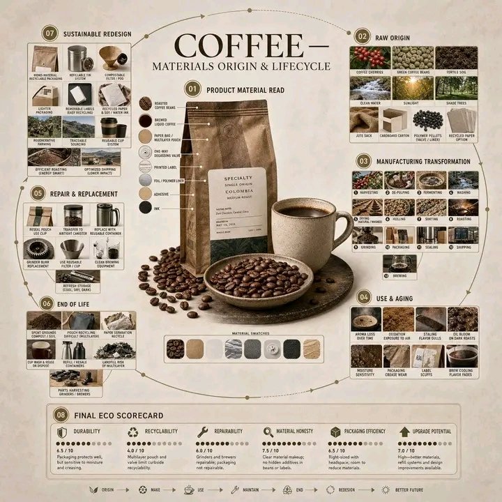 Coffee Materials Origin Lifecycle Infographic | 咖啡材料来源与生命周期信息图 2 Nanobanana Pro 生成 咖啡材料来源与生命周期信息图 - AI绘画提示词