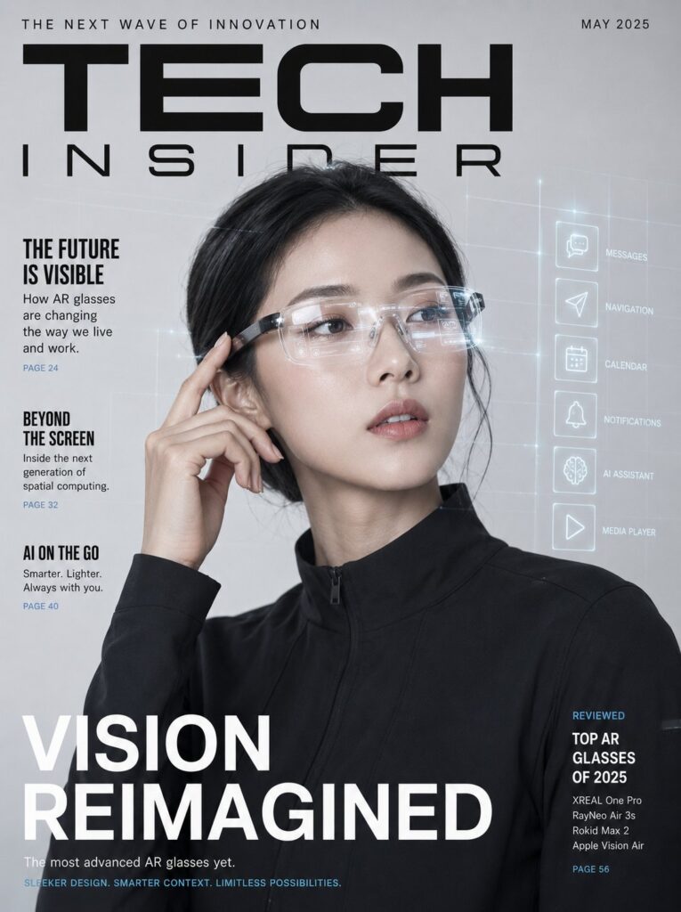 Nanobanana Pro 生成 极简科技AR眼镜韩国模特杂志封面 - AI绘画提示词