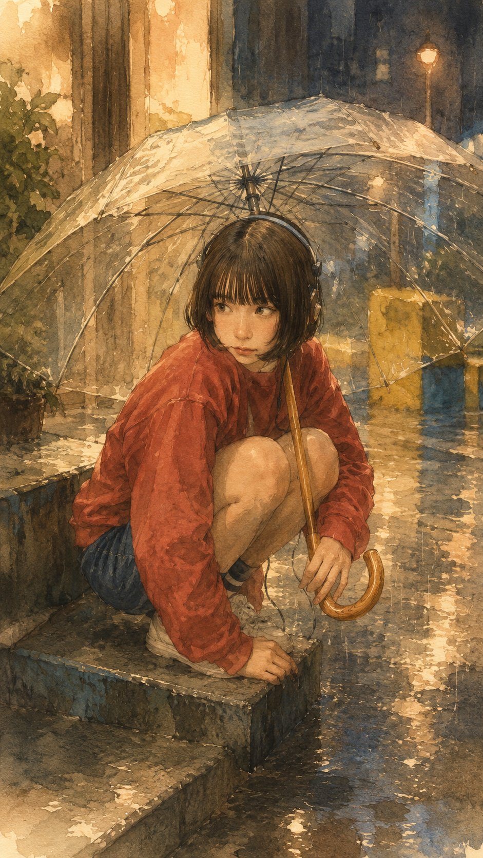 Nanobanana Pro 生成 温柔雨夜手绘绘本插画风格转换 - AI绘画提示词