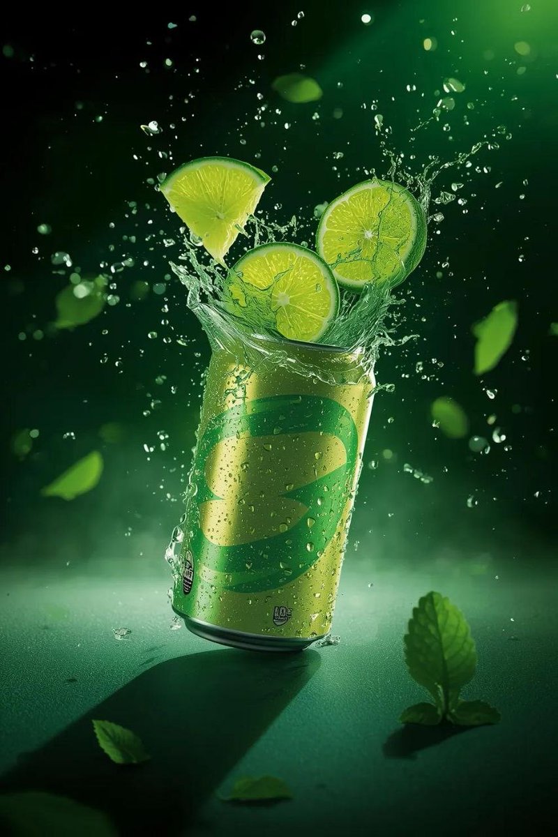 Nanobanana Pro 生成 极具冲击力的青柠苏打水爆炸瞬间，夏日商业大片 - AI绘画提示词
