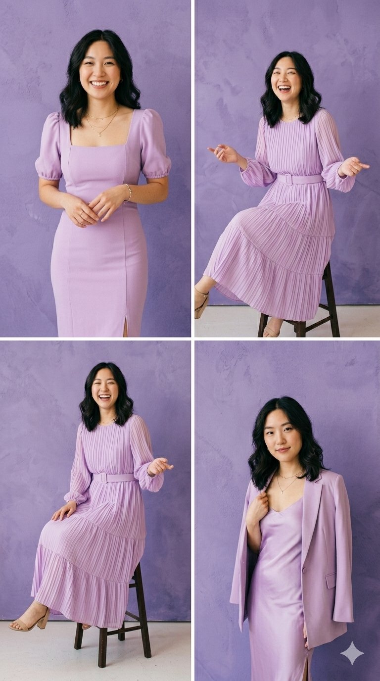 East Asian Woman Lavender Fashion Photography Collage | 东亚女性薰衣草色调时尚摄影拼贴 2 Nanobanana Pro 生成 东亚女性薰衣草色调时尚摄影拼贴 - AI绘画提示词