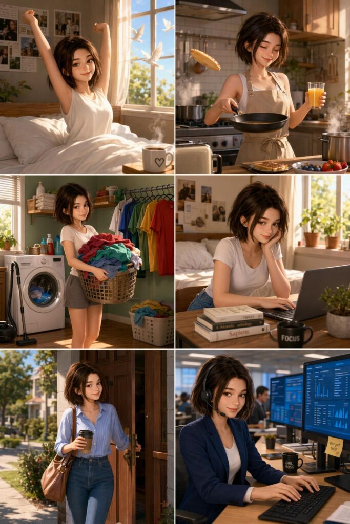 Pixar Style 3D Animated Woman Daily Routine Collage | 3D动画皮克斯风格女性日常生活六格拼贴 3 Nanobanana Pro 生成 3D动画皮克斯风格女性日常生活六格拼贴 - AI绘画提示词