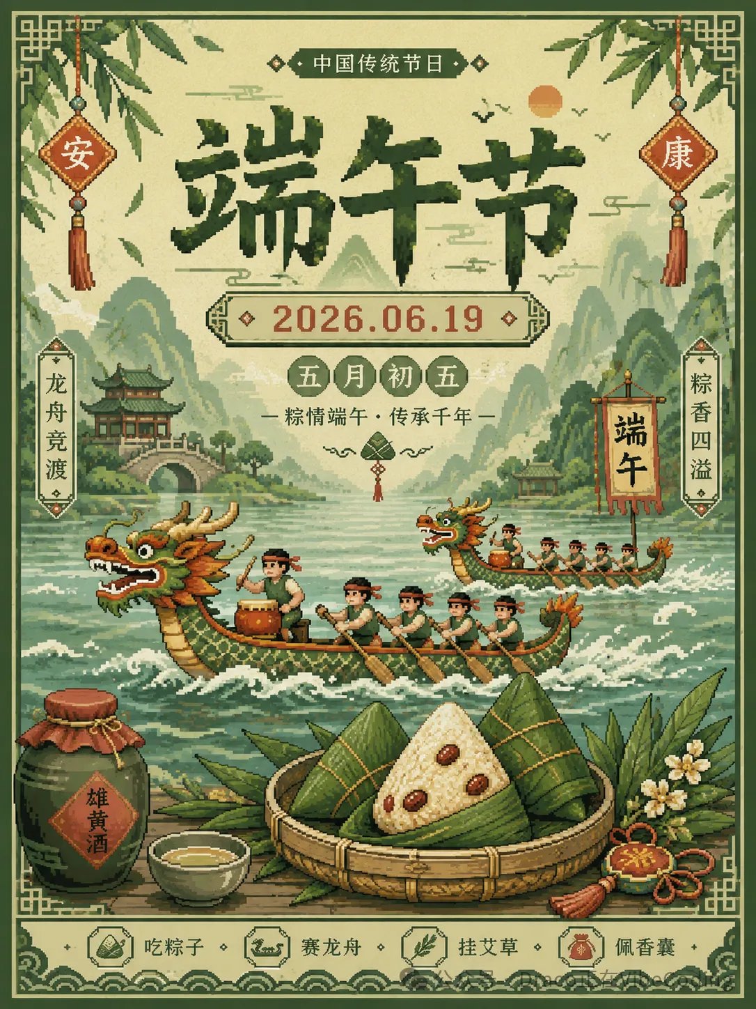 Nanobanana Pro 生成 像素化端午节庆典海报 - AI绘画提示词