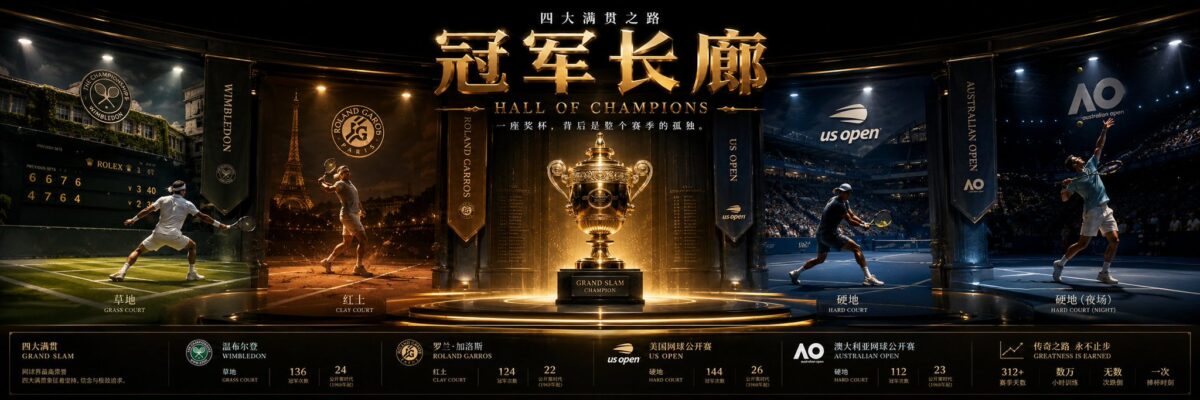 Nanobanana Pro 生成 网球四大满贯冠军连续长卷海报 - AI绘画提示词