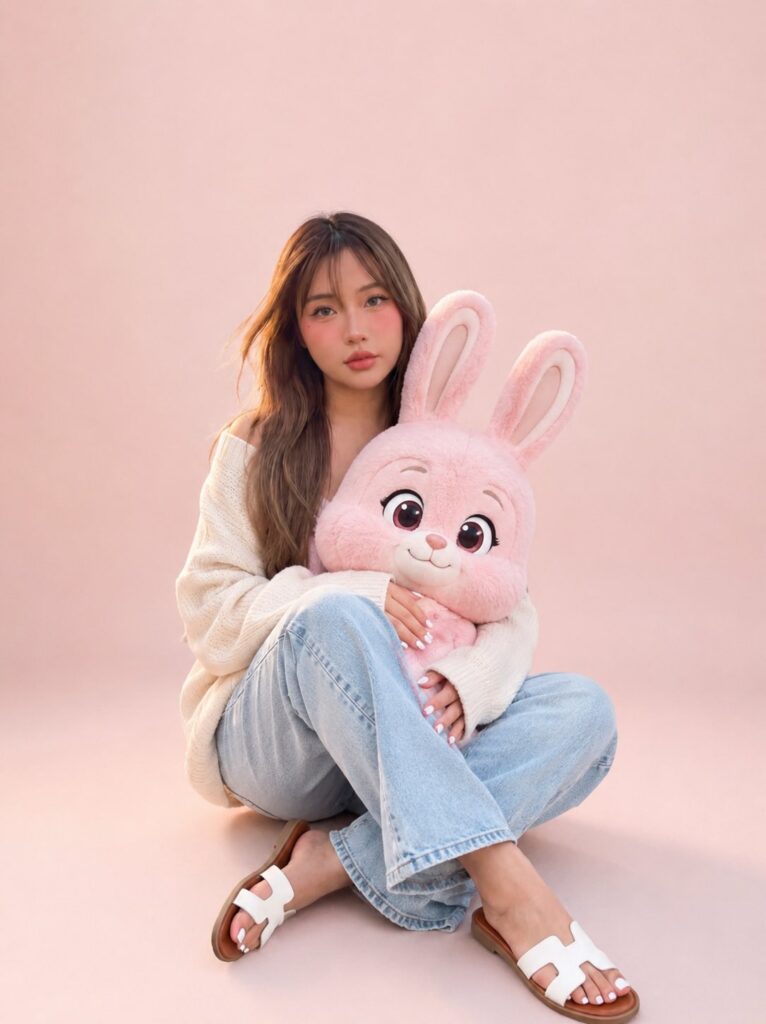 Photorealistic Portrait Cream Sweater Pink Cartoon Rabbit | 奶油色毛衣与粉色卡通大兔子写真 5 Nanobanana Pro 生成 奶油色毛衣与粉色卡通大兔子写真 - AI绘画提示词