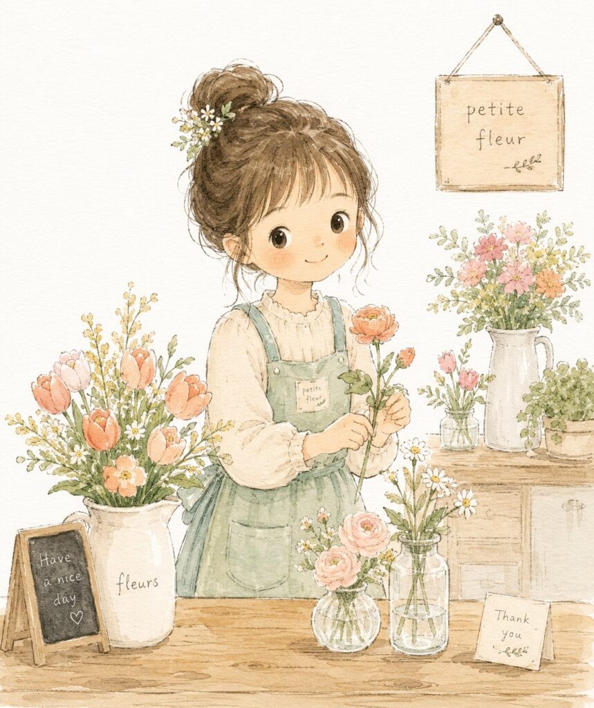 Soft Childrens Book Girl Flower Shop | 花店里的可爱女孩绘本插画 3 Nanobanana Pro 生成 花店里的可爱女孩绘本插画 - AI绘画提示词