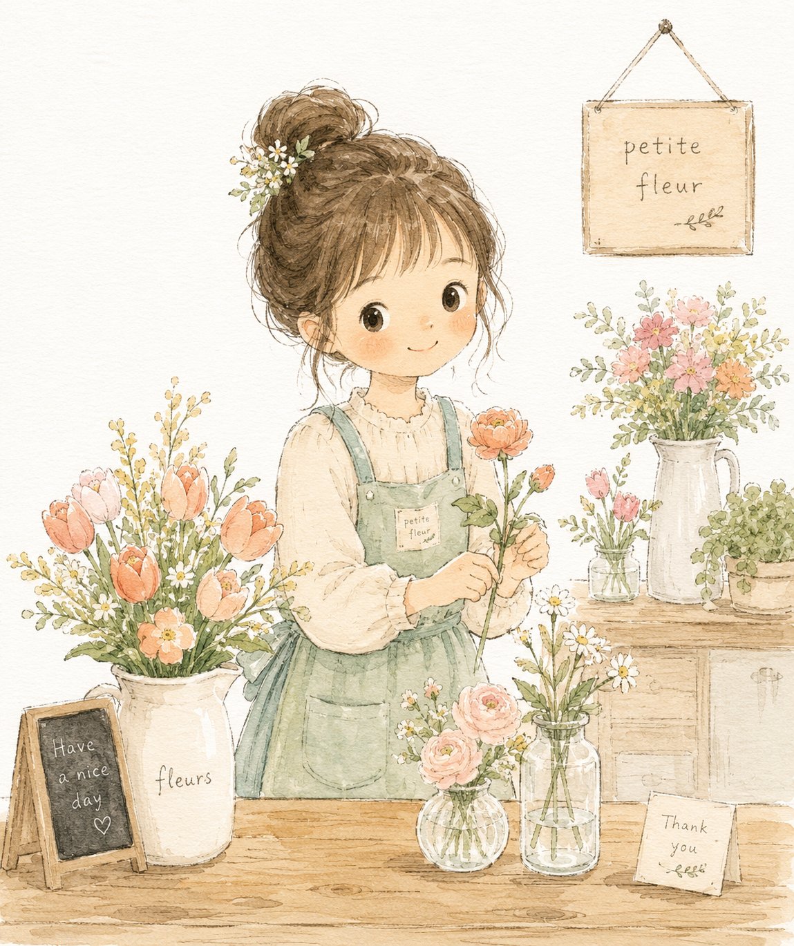 Soft Childrens Book Girl Flower Shop | 花店里的可爱女孩绘本插画 2 Nanobanana Pro 生成 花店里的可爱女孩绘本插画 - AI绘画提示词