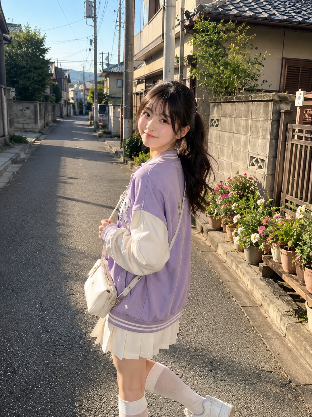 Nanobanana Pro 生成 阳光街头淡紫色夹克可爱日系少女 - AI绘画提示词
