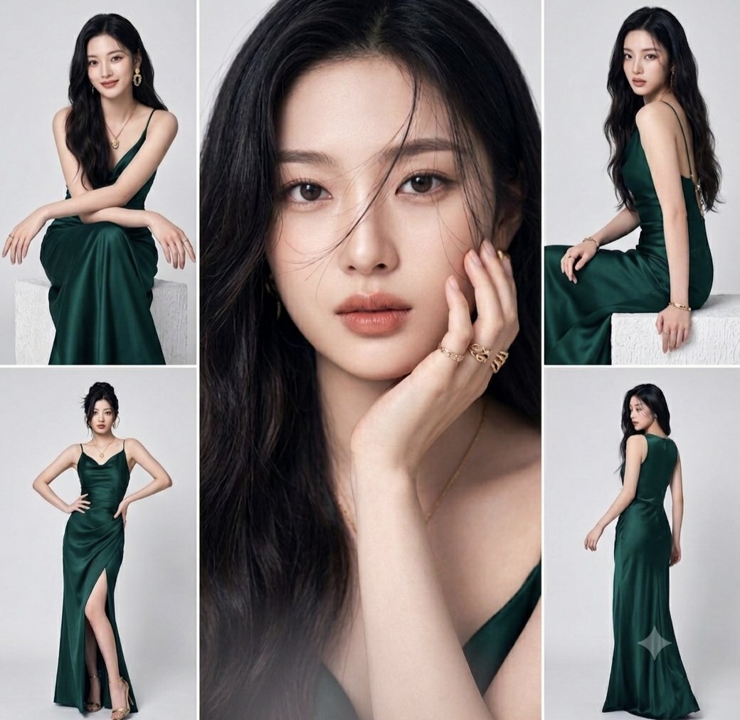 Emerald Green Satin Gown Fashion Photography Collage | 祖母绿缎面长裙东亚女性时尚摄影拼图 2 Nanobanana Pro 生成 祖母绿缎面长裙东亚女性时尚摄影拼图 - AI绘画提示词