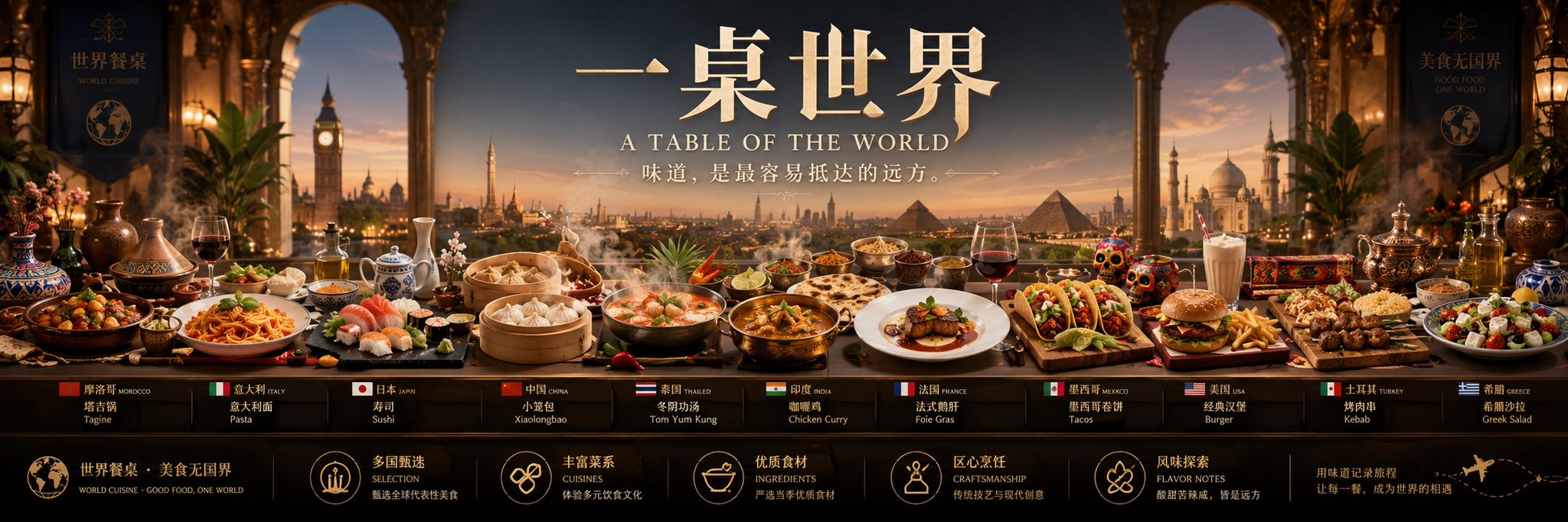Nanobanana Pro 生成 世界美食国家代表超宽连续长卷海报 - AI绘画提示词