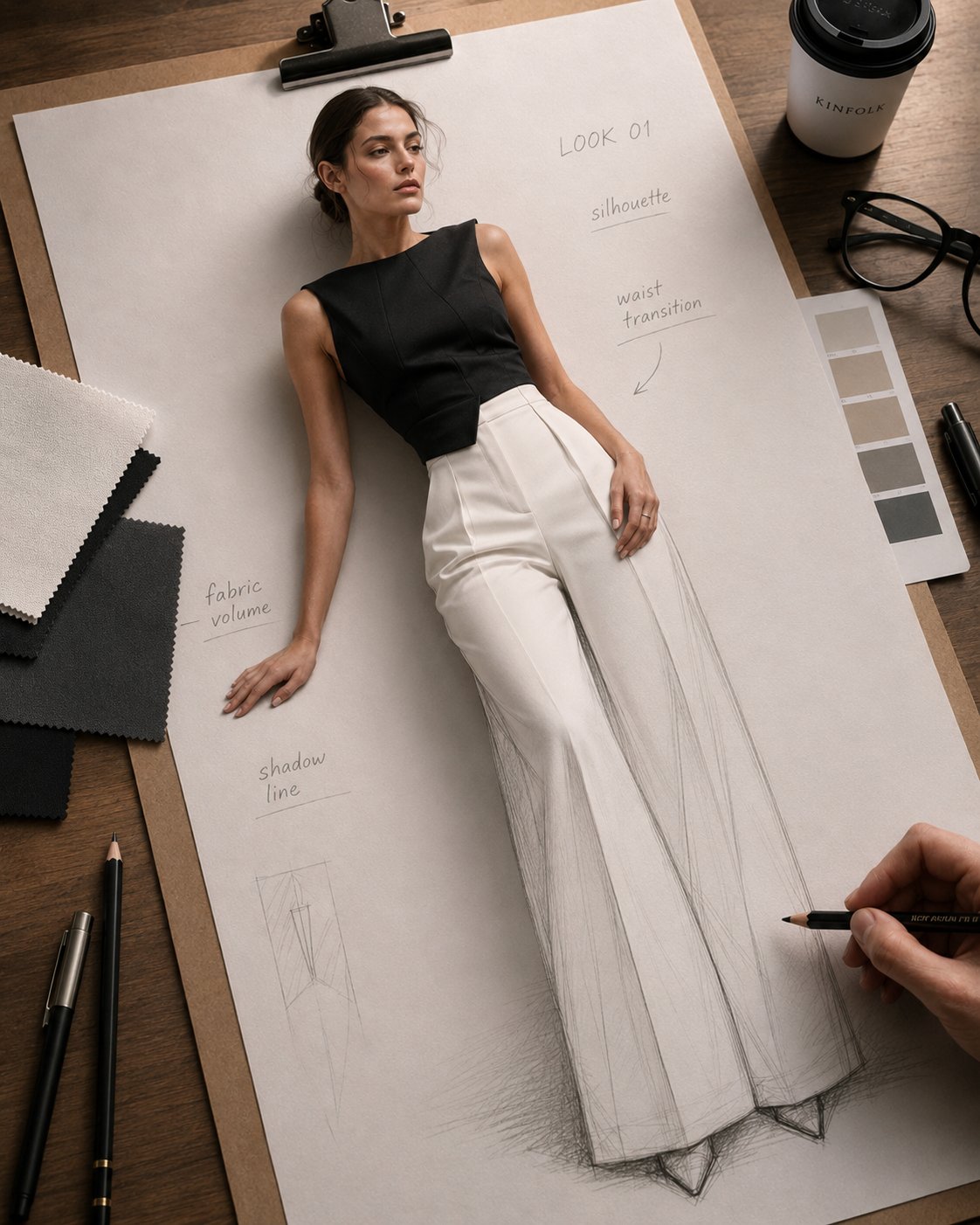 Fashion Design Sketch Model Hybrid | 纸上跃出的写实时装设计模特 2 Nanobanana Pro 生成 纸上跃出的写实时装设计模特 - AI绘画提示词