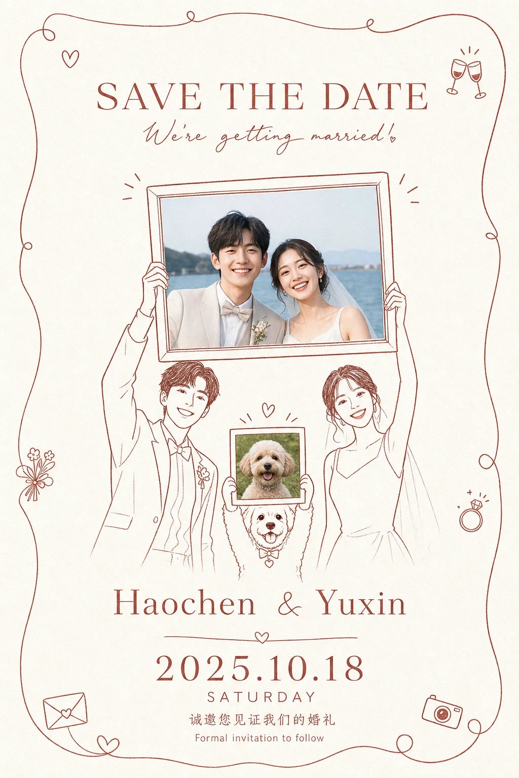 Hand Drawn Line Art Wedding Invitation Prompt | 手绘线描婚礼预告请柬设计 2 Nanobanana Pro 生成 手绘线描婚礼预告请柬设计 - AI绘画提示词