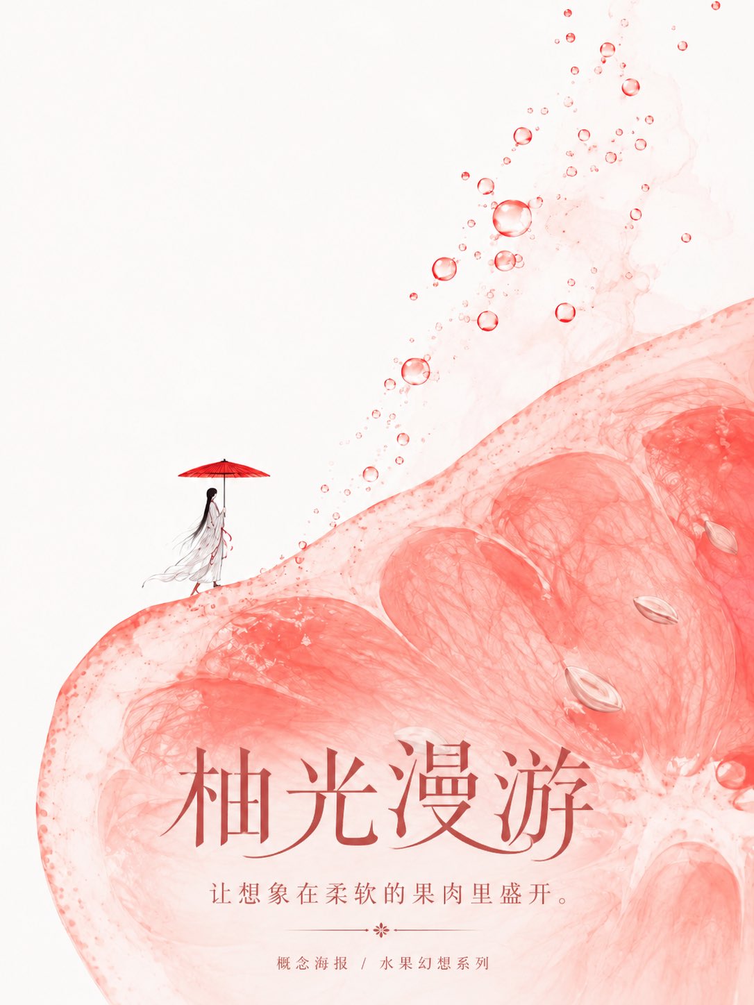 Nanobanana Pro 生成 极简东方水彩水果幻想概念海报 - AI绘画提示词