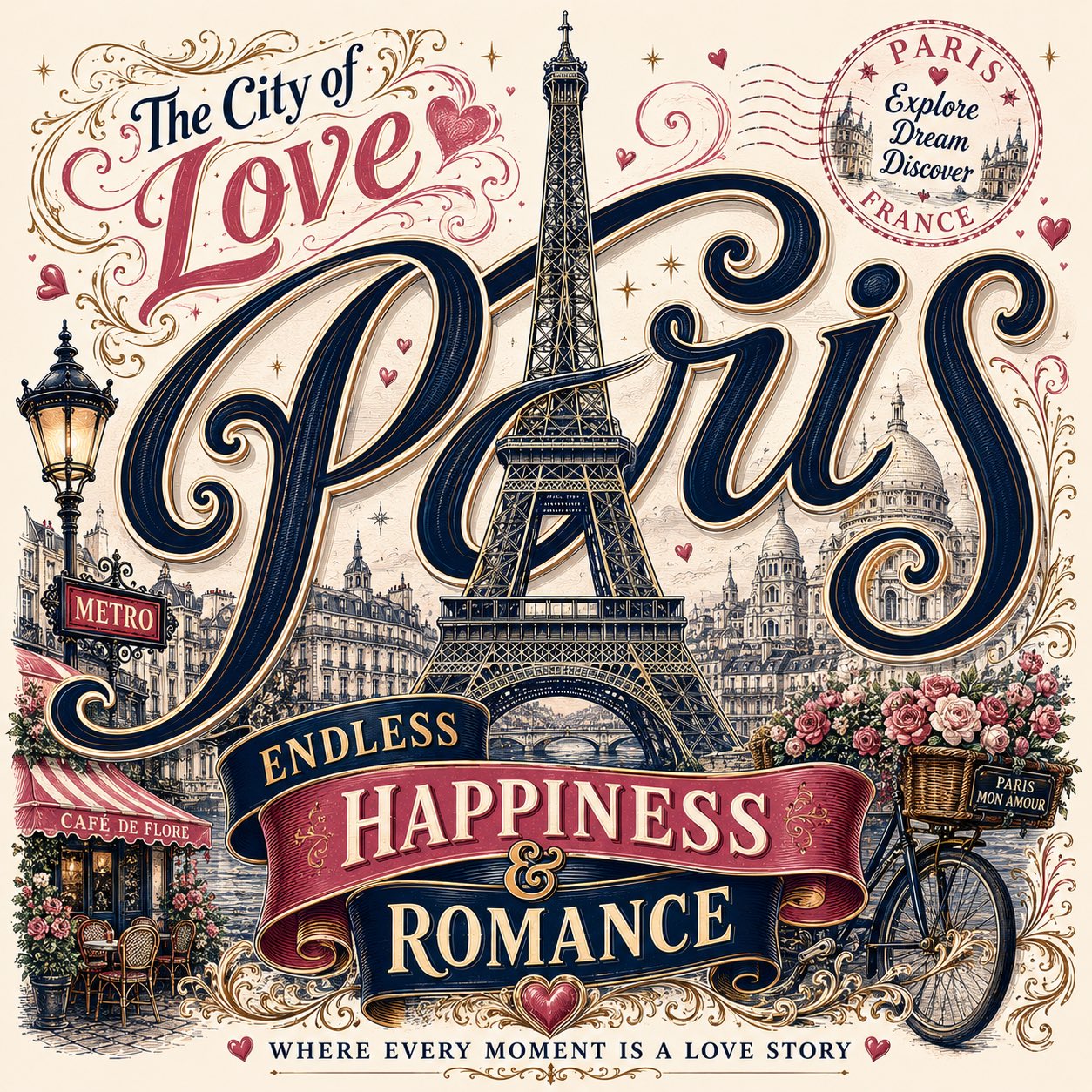 Vintage Romantic Paris Travel Typography Poster | 巴黎复古浪漫旅行艺术排版海报 2 Nanobanana Pro 生成 巴黎复古浪漫旅行艺术排版海报 - AI绘画提示词