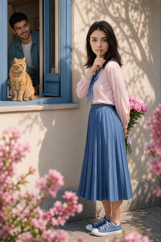 Nanobanana Pro 生成 春日俏皮惊喜少女与橘猫 - AI绘画提示词