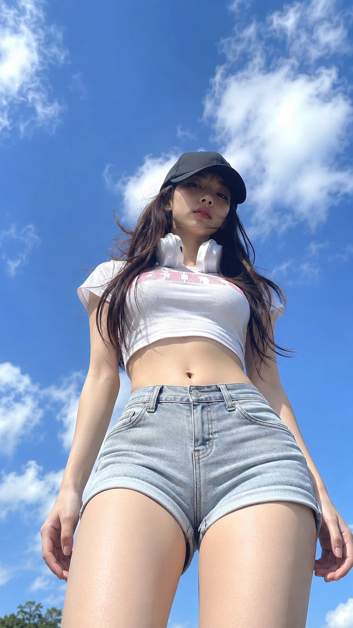 Nanobanana Pro 生成 极低仰拍夏季街头风蓝天白云少女 - AI绘画提示词
