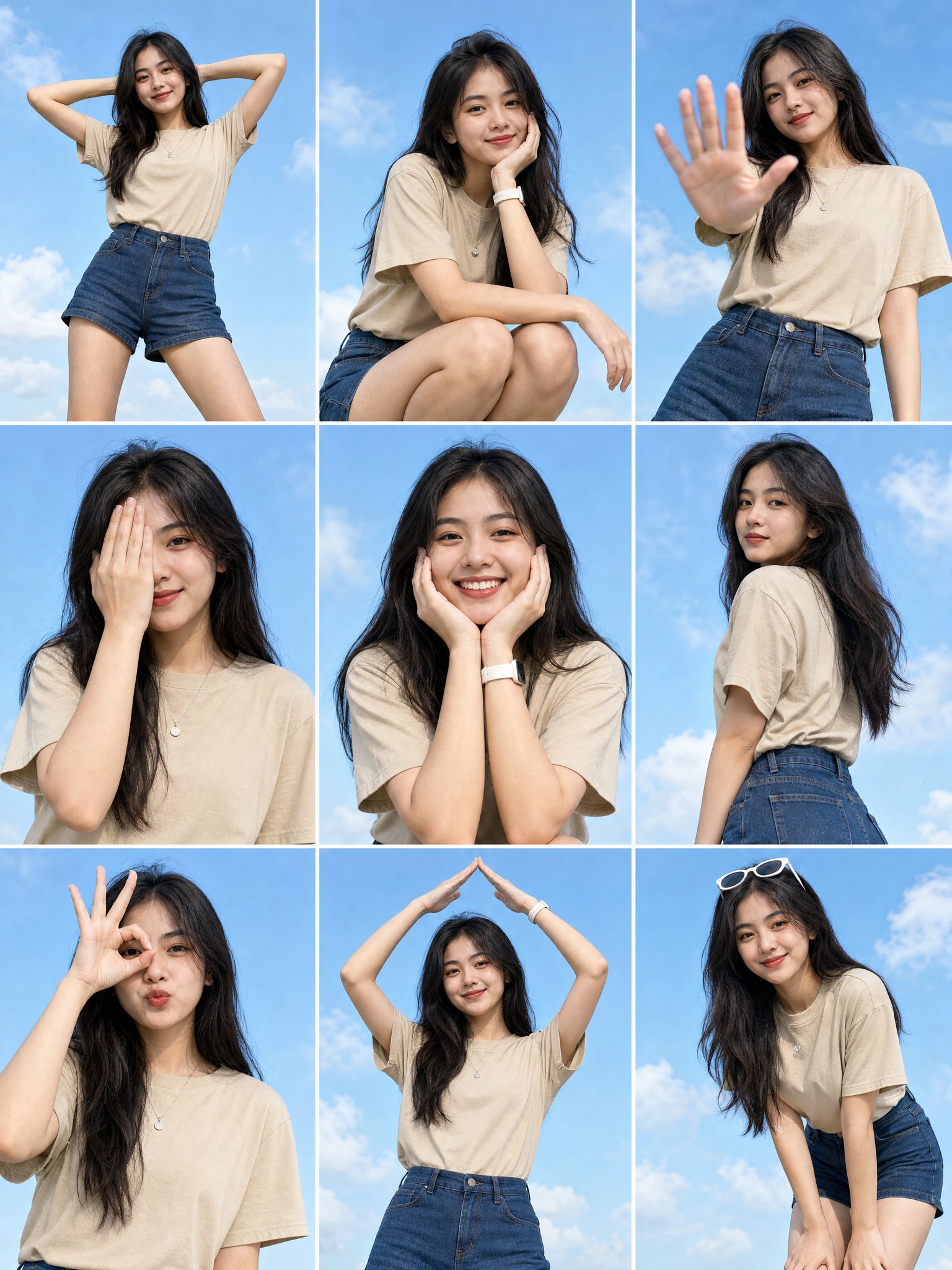 Nanobanana Pro 生成 蓝天背景亚裔女性九宫格人像姿势 - AI绘画提示词