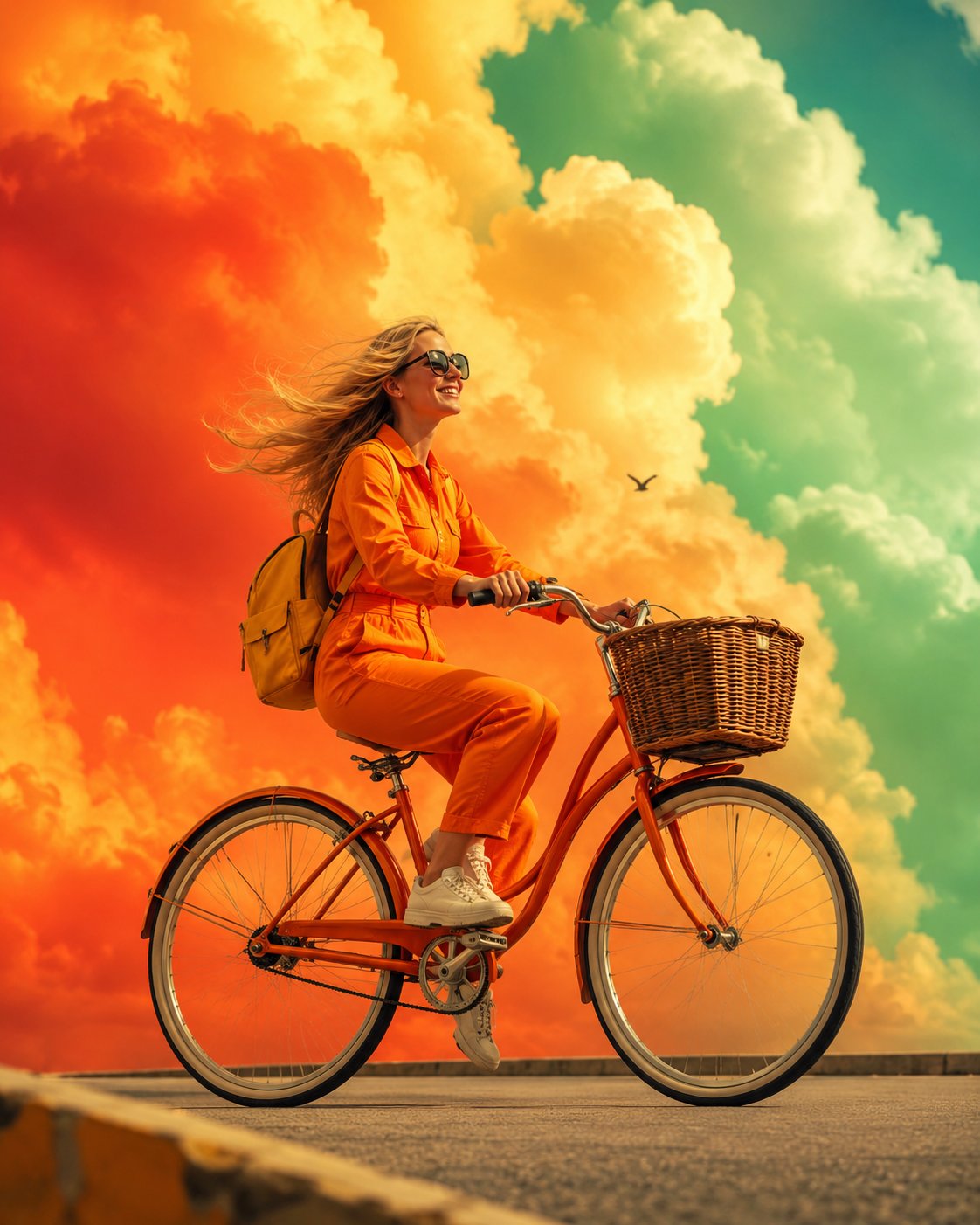 Surreal Woman Bicycle Colorful Cloud Photography | 橘黄薄荷绿云海下骑行的女子超现实摄影 2 Nanobanana Pro 生成 橘黄薄荷绿云海下骑行的女子超现实摄影 - AI绘画提示词
