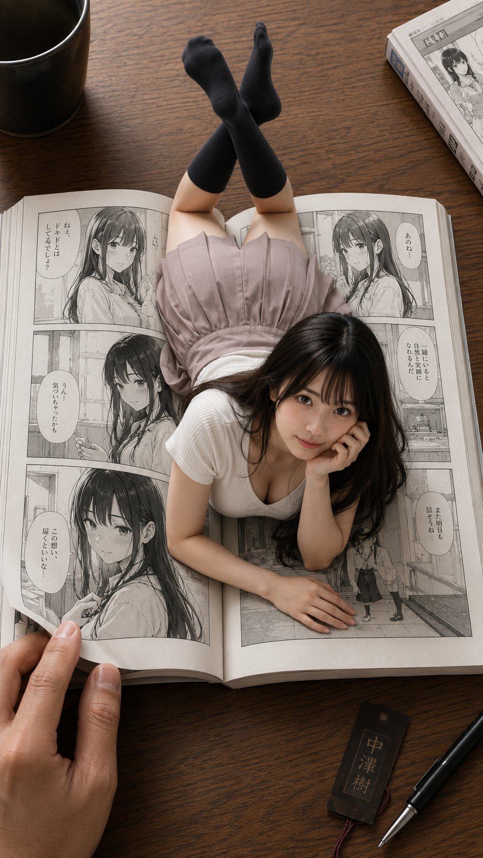 Nanobanana Pro 生成 漫画少女破次元壁超写实俯拍视觉 - AI绘画提示词