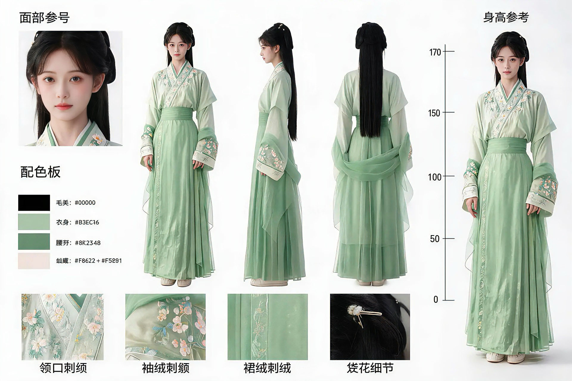 Hyper Realistic Chinese Style Character Orthographic View Sheet | 超写实国风角色三视图设定 2 Nanobanana Pro 生成 超写实国风角色三视图设定 - AI绘画提示词