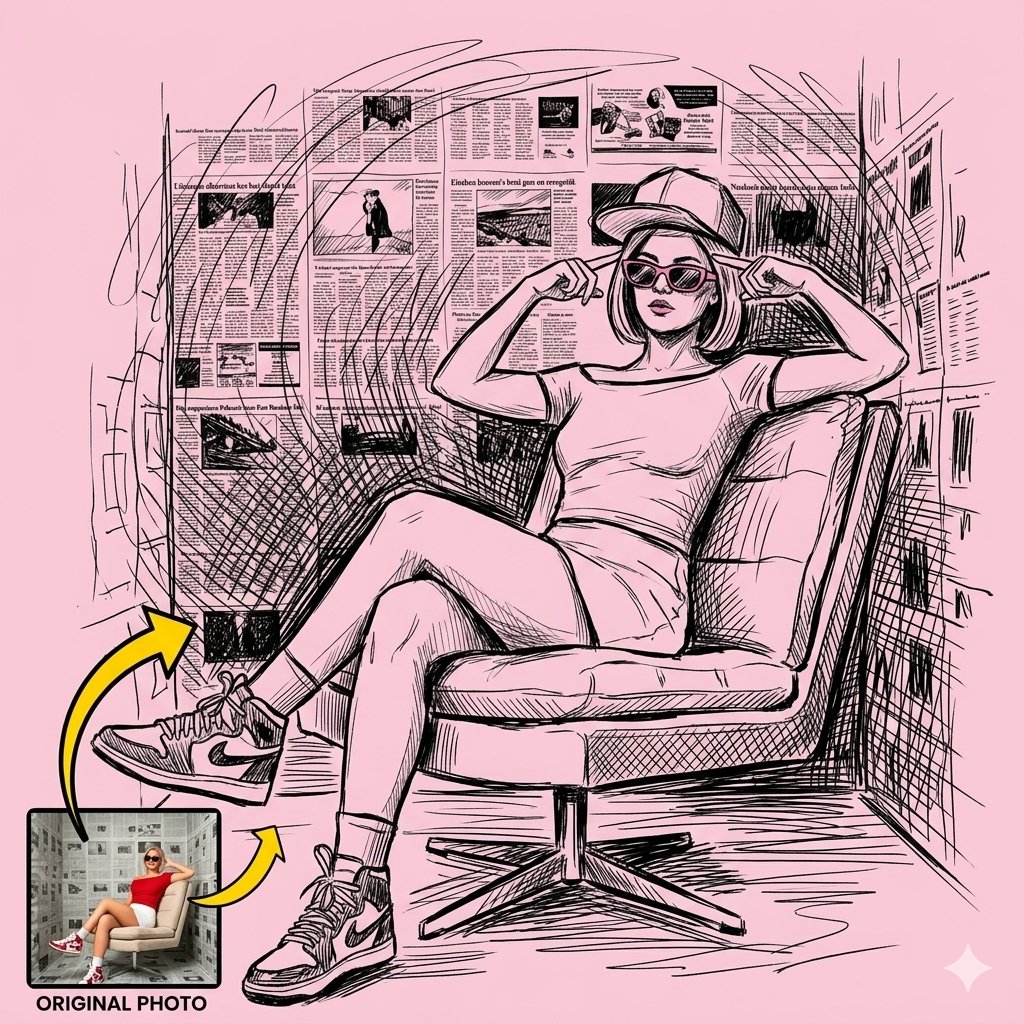 Nanobanana Pro 生成 黑色墨水素描粉色背景时尚插画 - AI绘画提示词