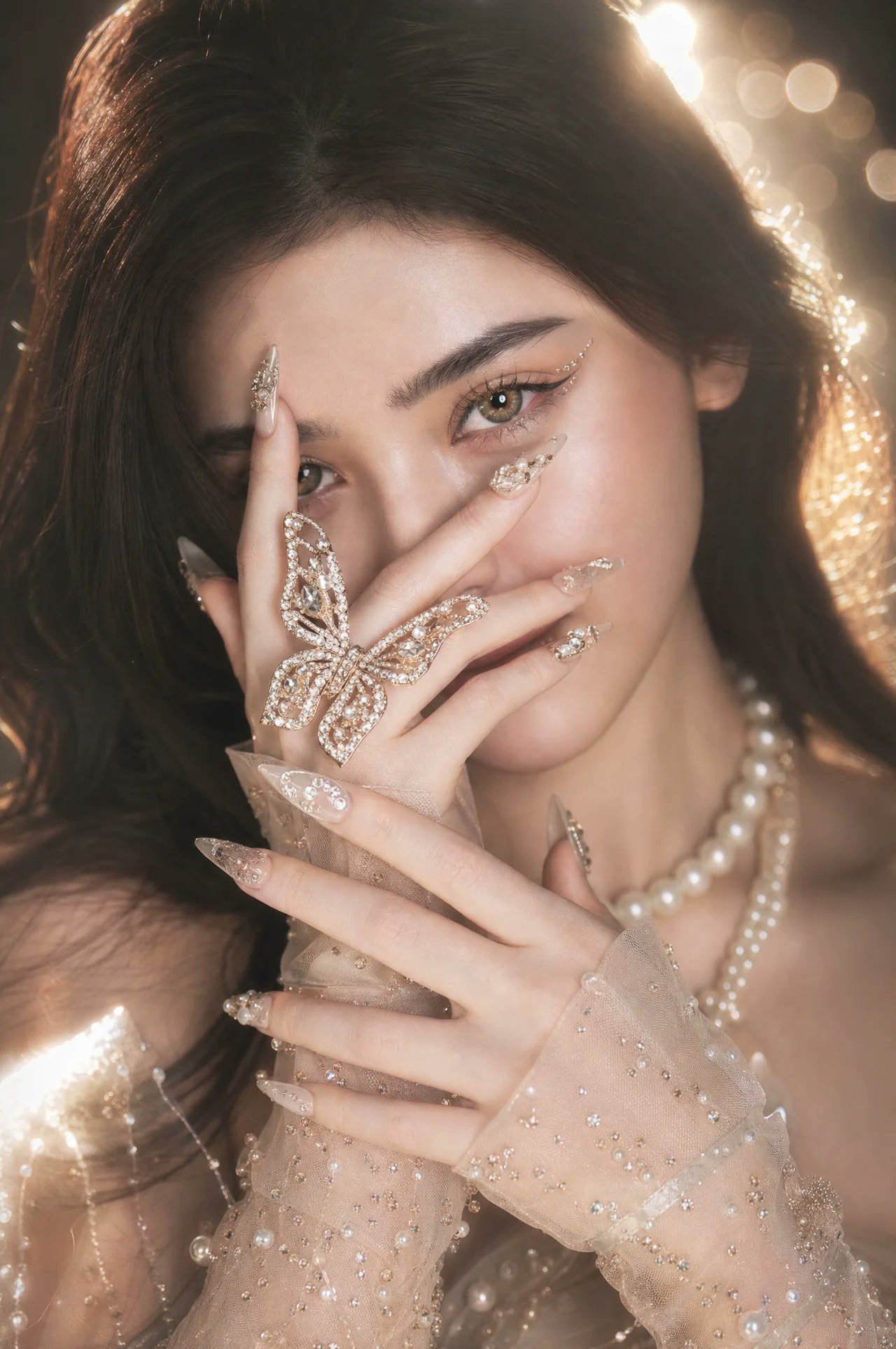 Hyper Realistic Luxury Woman Butterfly Ring Portrait | 蝴蝶戒指奢华女性超写实肖像 2 Nanobanana Pro 生成 蝴蝶戒指奢华女性超写实肖像 - AI绘画提示词